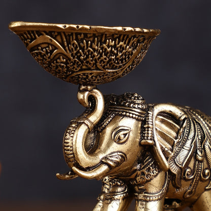 Pure Brass Intricately Carved Small Elephant Oil Lamp diya 3"