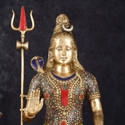 Handcrafted Brass Lord Shiva Statue with Stonework - 20 Inches