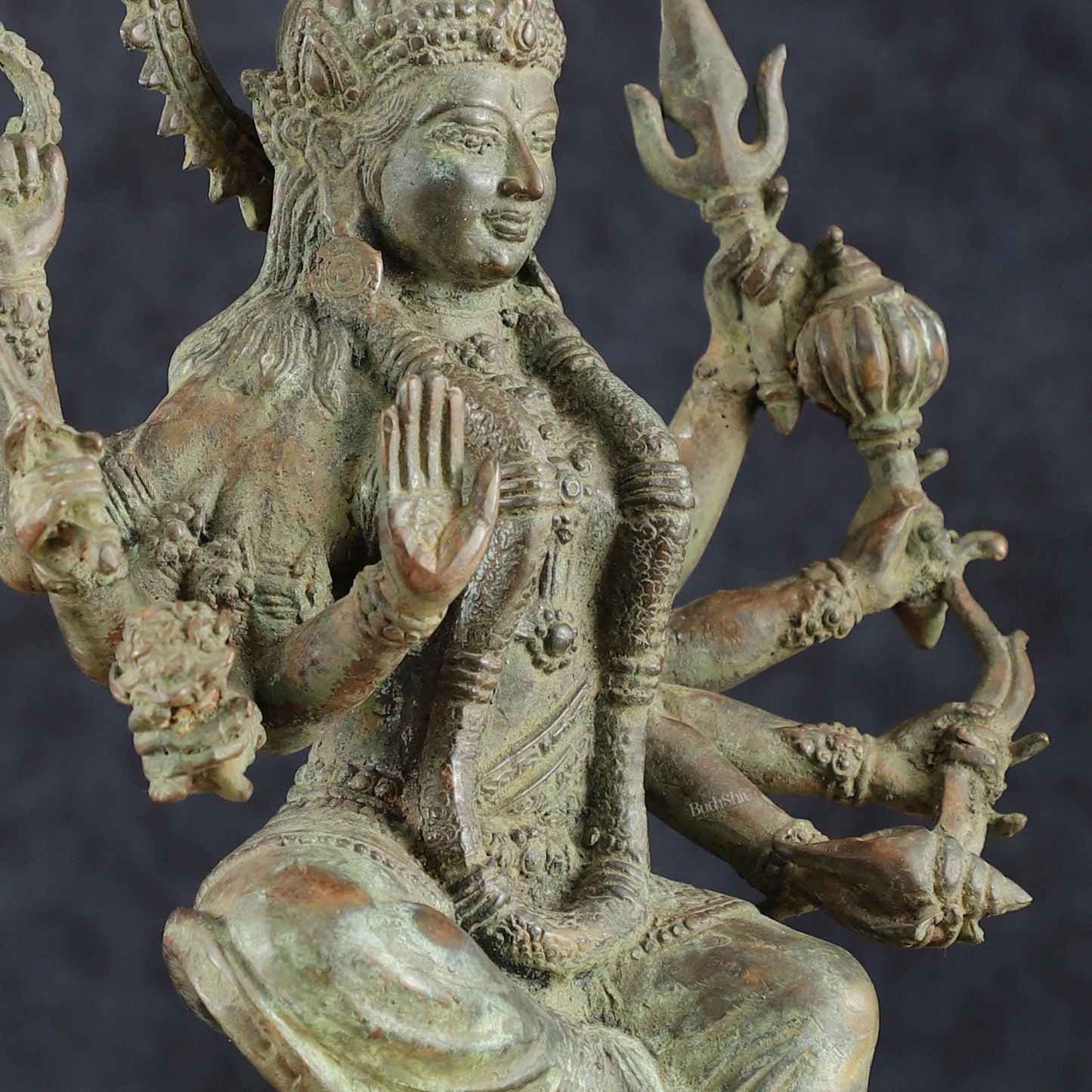 Indonesian Bronze Eight-Armed Goddess Durga Seated on Wooden Base | 14" |