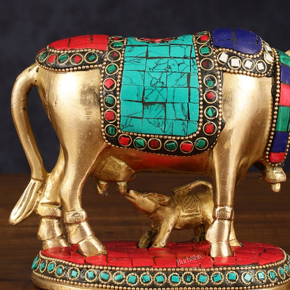 Pure Brass Kamdhenu Cow with Calf Idol with Stonework small