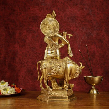 Brass Lord Krishna with Cow and Peacock | 16.5" Height