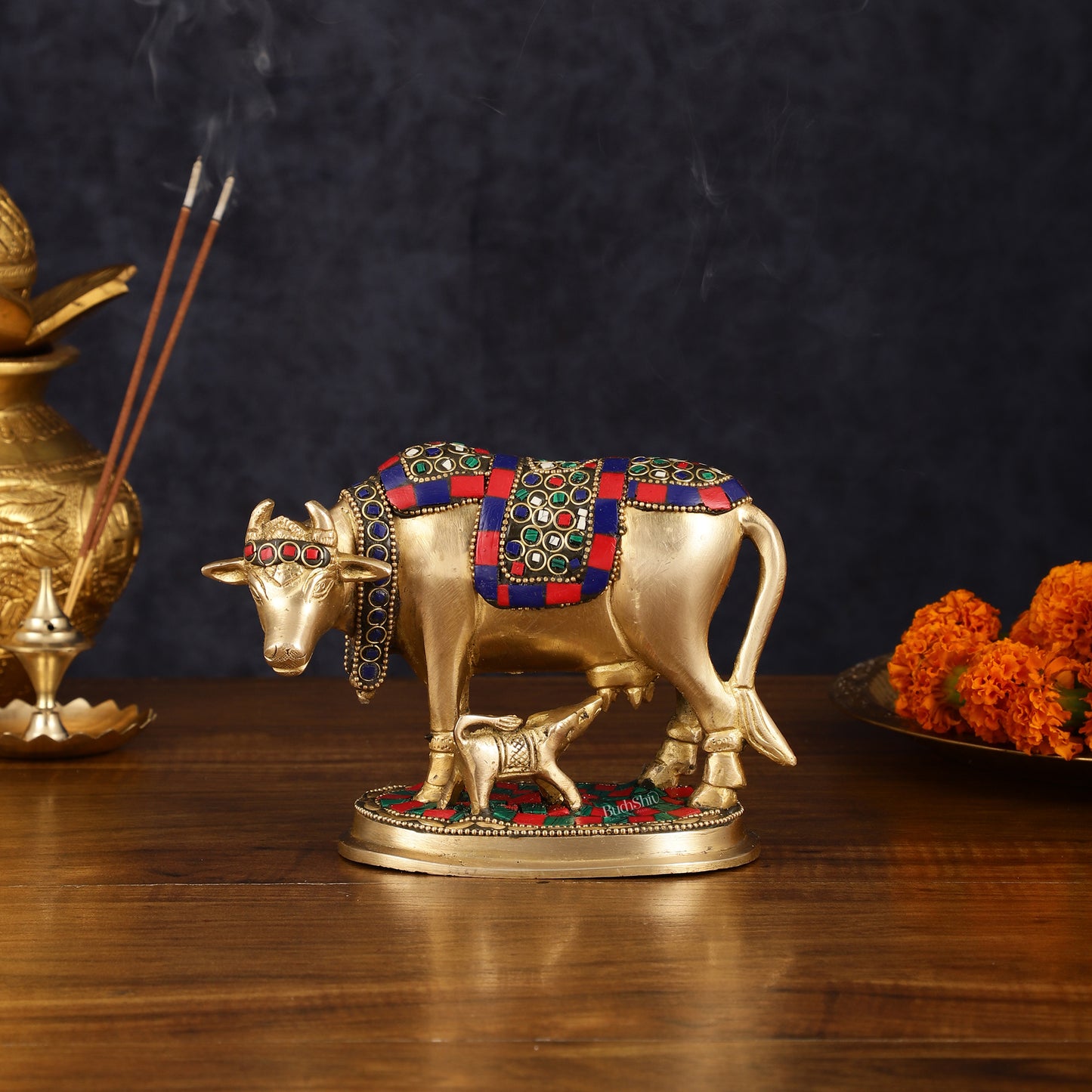 Pure Brass Kamdhenu Cow with Calf Idol - Meenakari Stonework, 4.5 Inch Height,