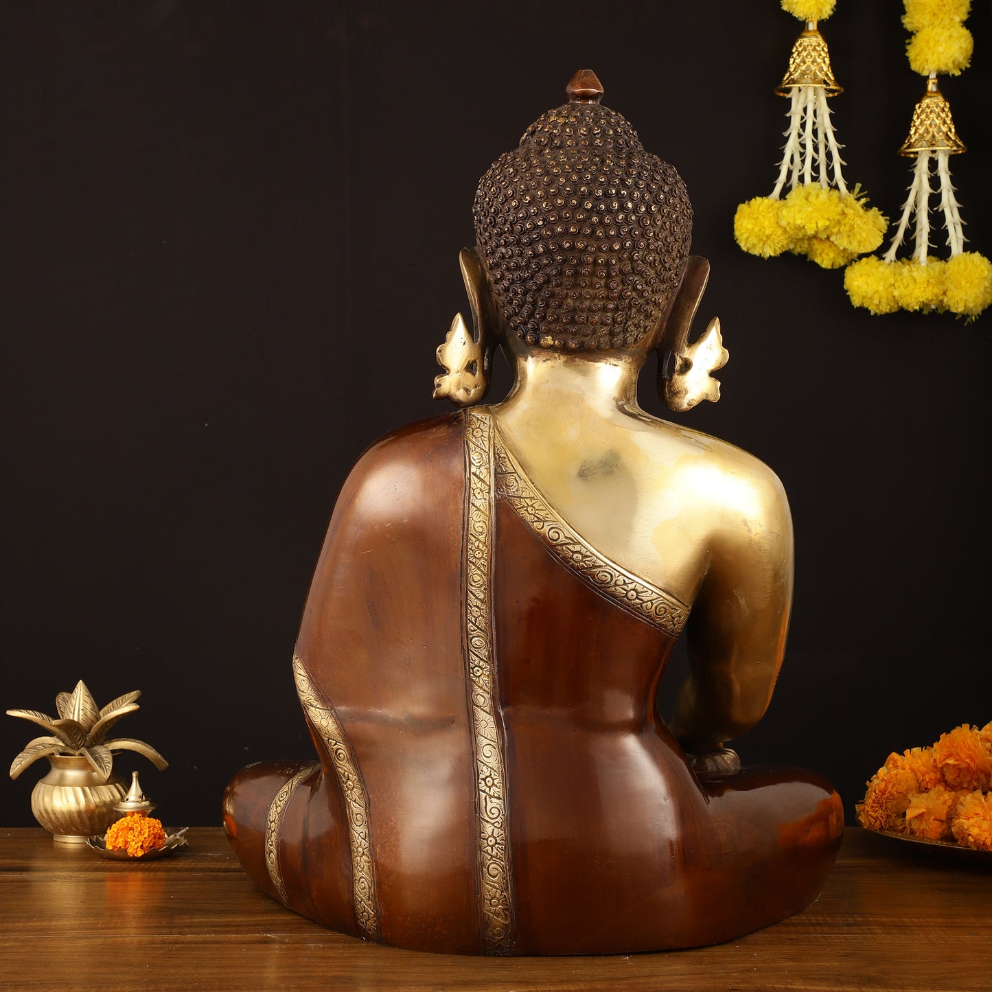 Pure Brass Buddha in Bhumisparsha Mudra Statue - 21" | Dual Tone Elegance