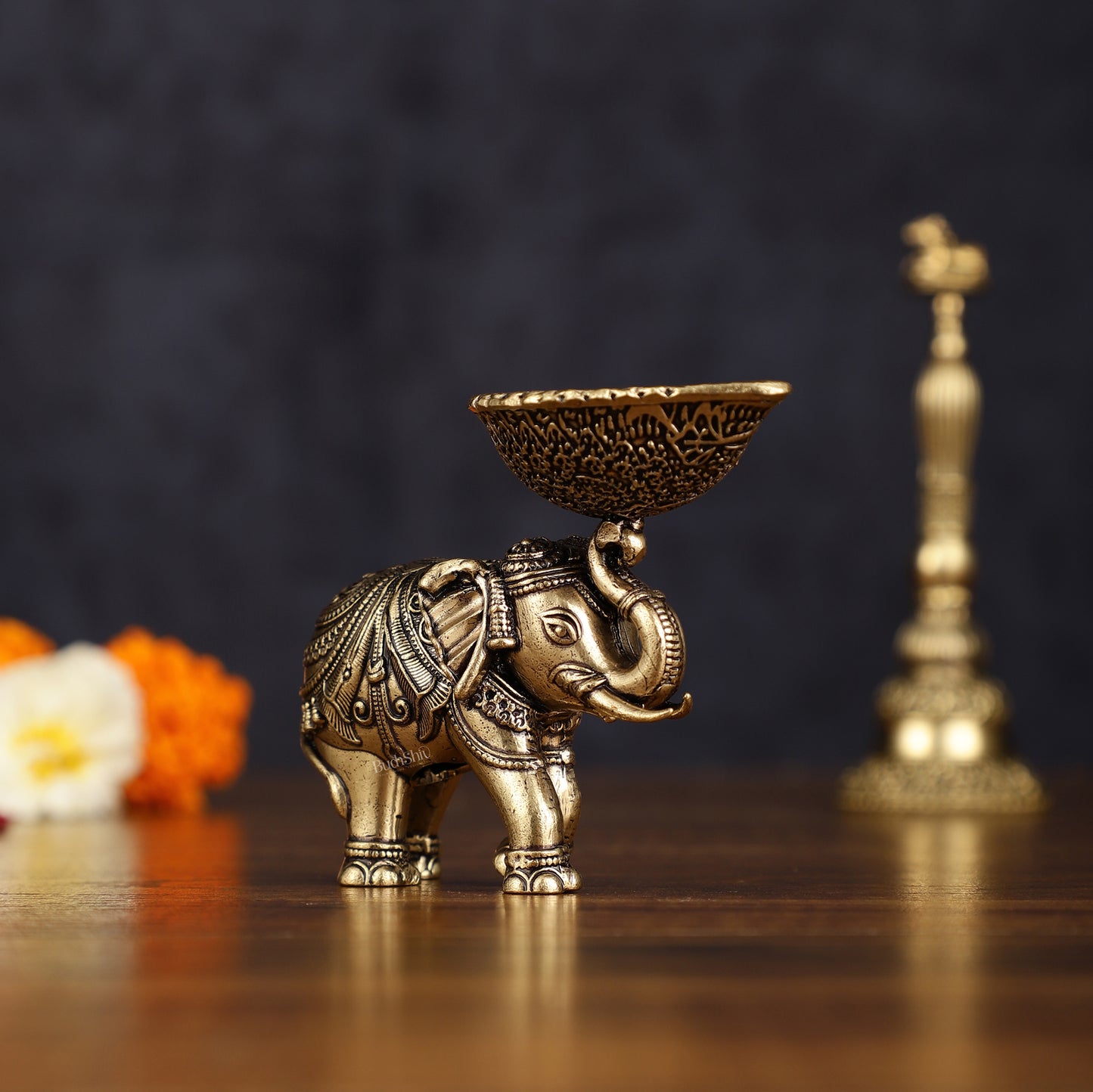 Pure Brass Intricately Carved Small Elephant Oil Lamp diya 3"