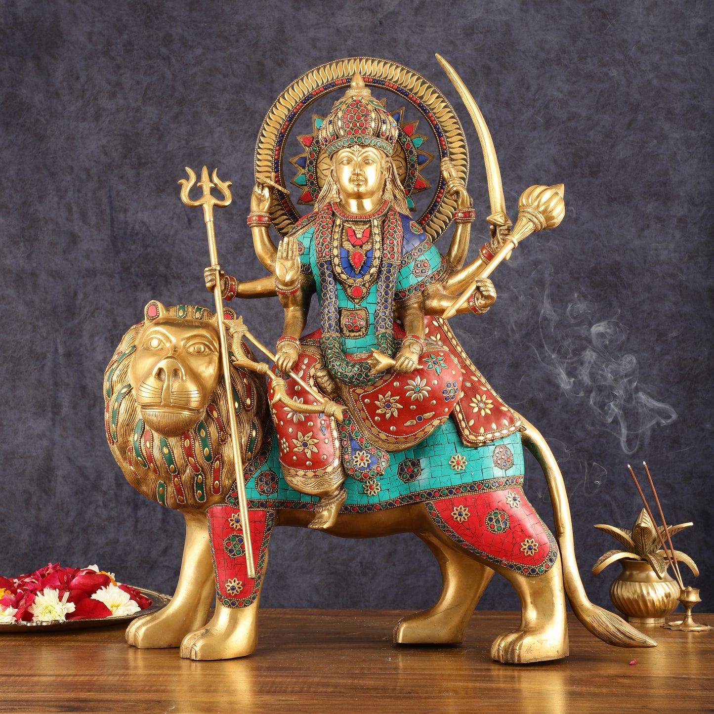 Pure Brass Goddess Durga Statue with Meenakari Work - 22 Inch