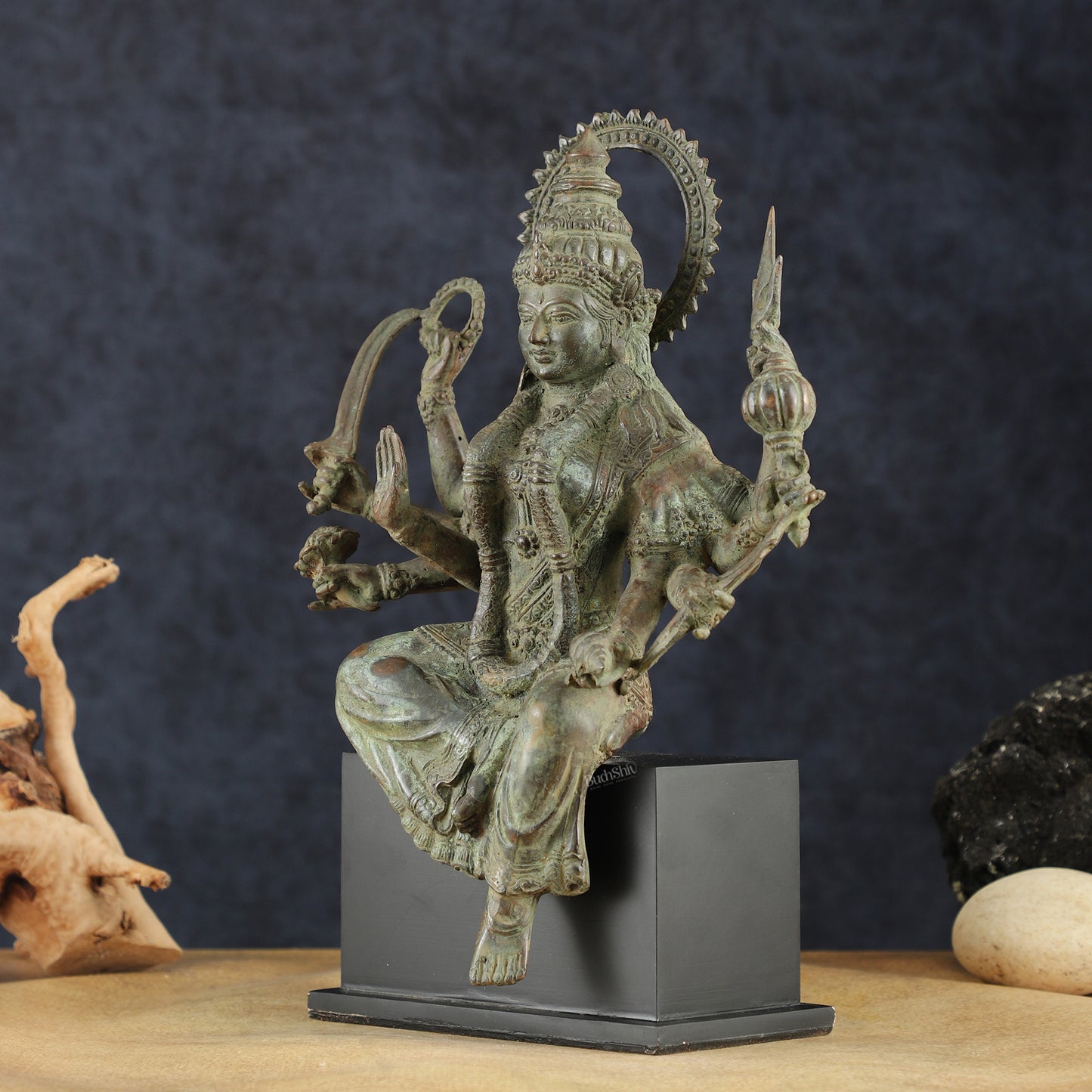 Indonesian Bronze Eight-Armed Goddess Durga Seated on Wooden Base | 14" |