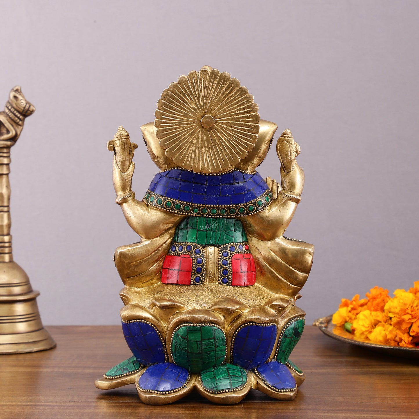 Handcrafted Brass Ganesha Idol with Meenakari Stones - 10" Lotus Seat Statue