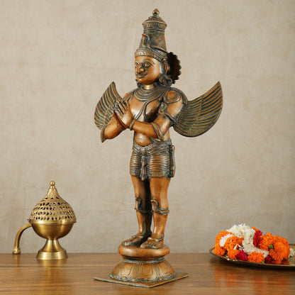 Brass Standing Garuda Dev Statue - 22 Inch Vintage Bronze tone