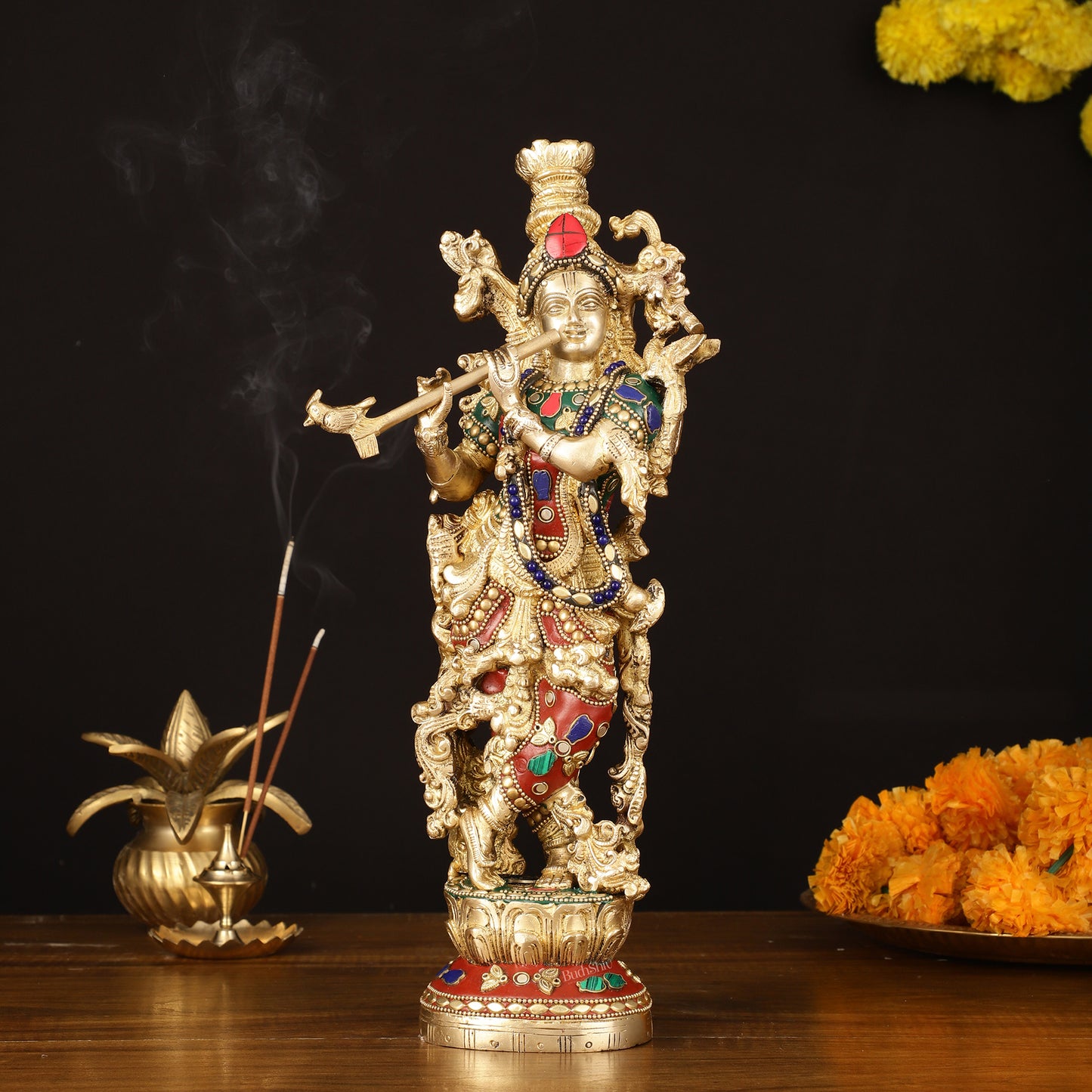 Brass Krishna Statue - 14" Handcrafted with Natural Stones