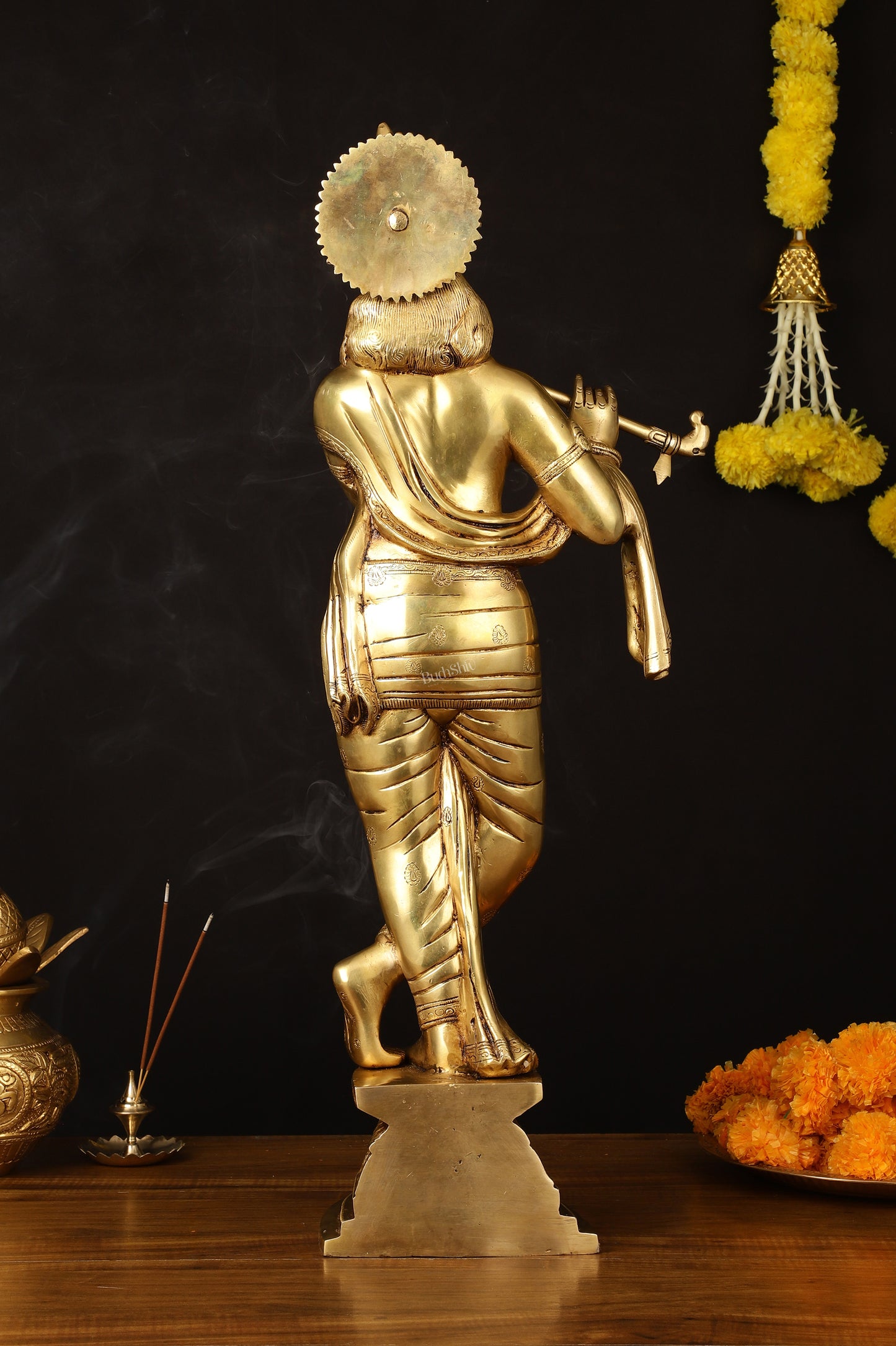 Brass Superfine Lord Krishna Sculpture - 26.5" Height, Enhanced Carvings