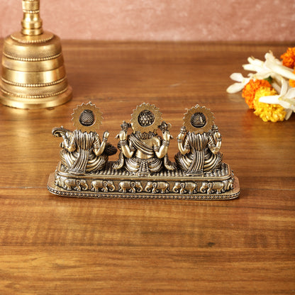 Brass Superfine Ganesh Lakshmi Saraswati on Same Base | Intricately Carved | 3 Inch Height