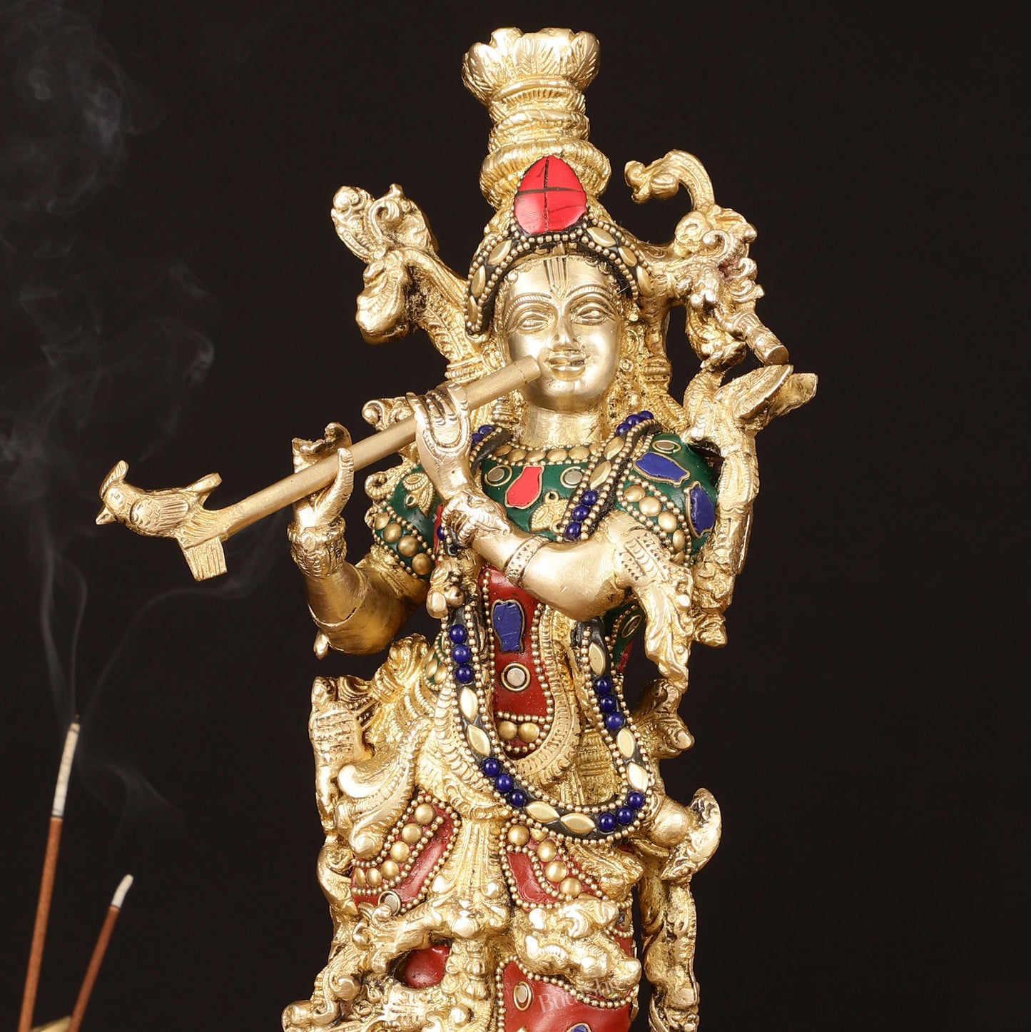 Brass Krishna Statue - 14" Handcrafted with Natural Stones