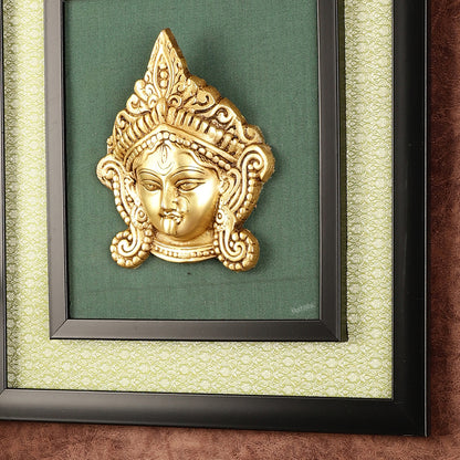 Brass Goddess Kali Face Hanging on Wooden Frame with Premium Fabric - 13.5" x 14.5"