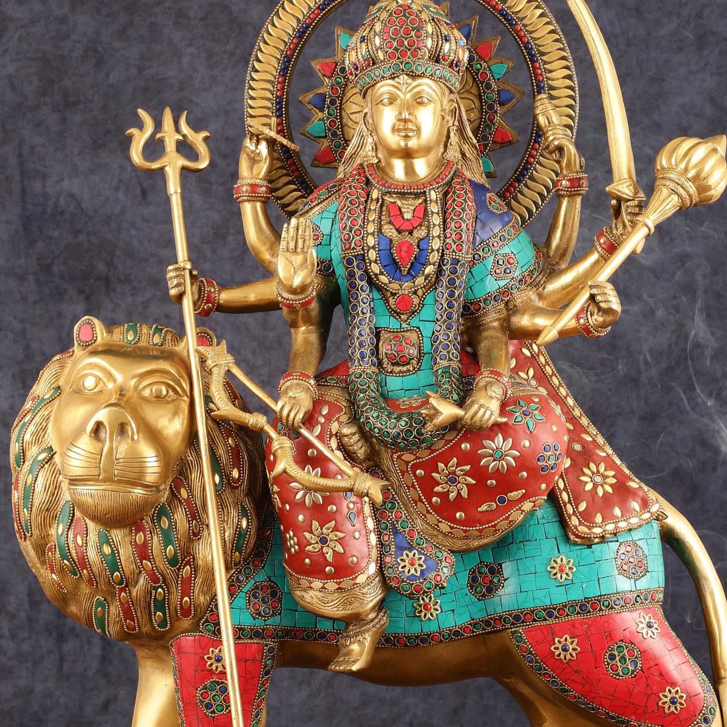 Pure Brass Goddess Durga Statue with Meenakari Work - 22 Inch