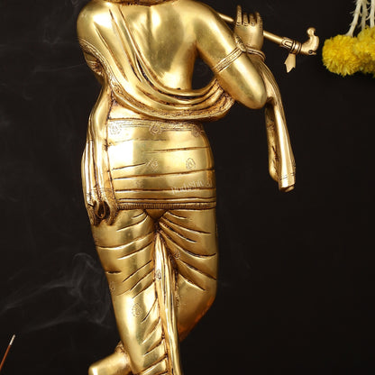 Brass Superfine Lord Krishna Sculpture - 26.5" Height, Enhanced Carvings