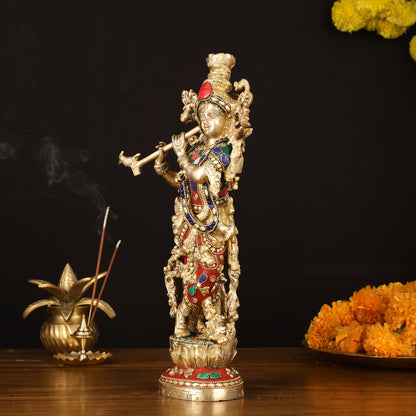 Brass Krishna Statue - 14" Handcrafted with Natural Stones