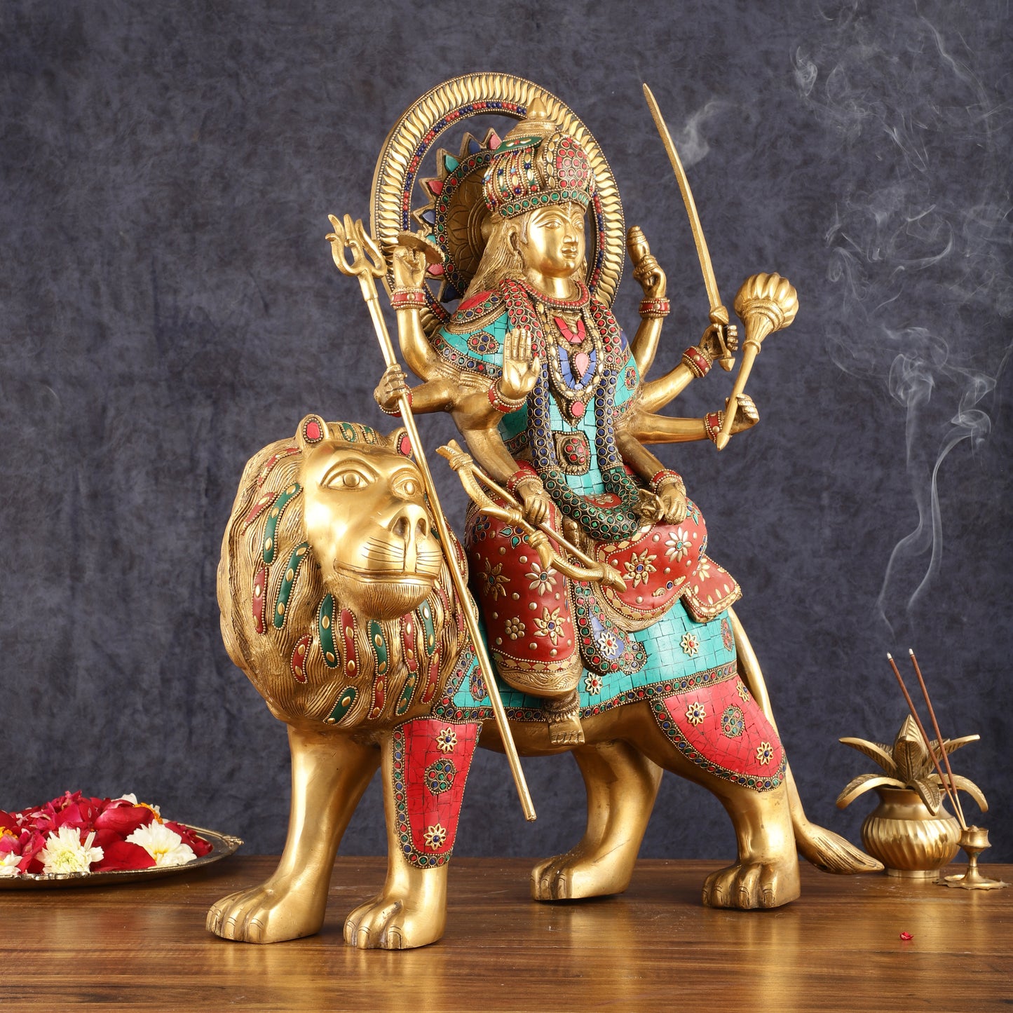 Pure Brass Goddess Durga Statue with Meenakari Work - 22 Inch