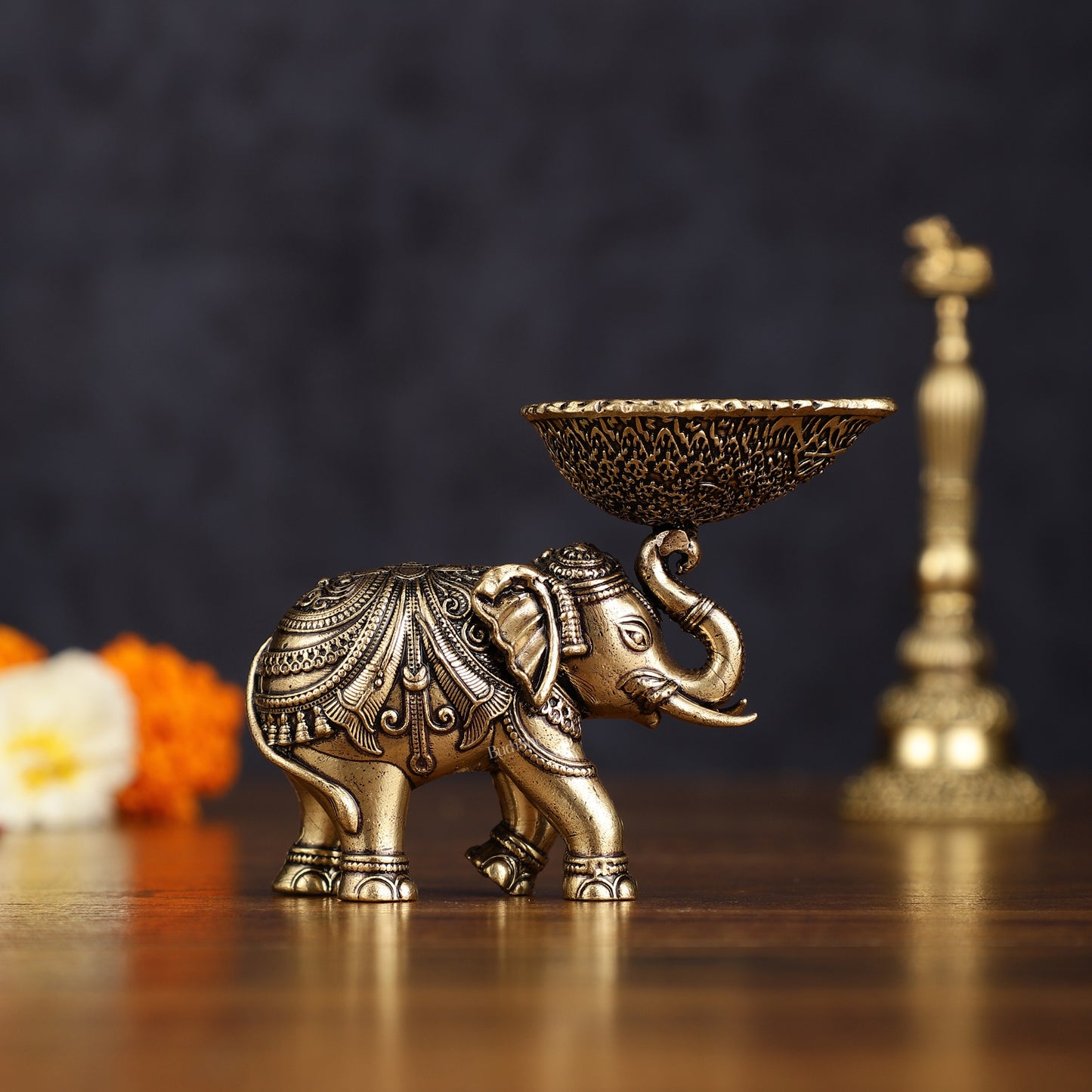 Pure Brass Intricately Carved Small Elephant Oil Lamp diya 3"