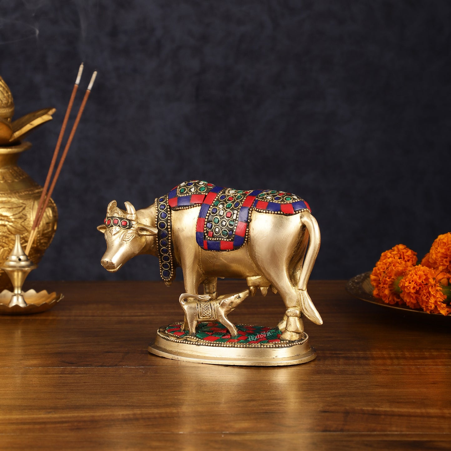 Pure Brass Kamdhenu Cow with Calf Idol - Meenakari Stonework, 4.5 Inch Height,