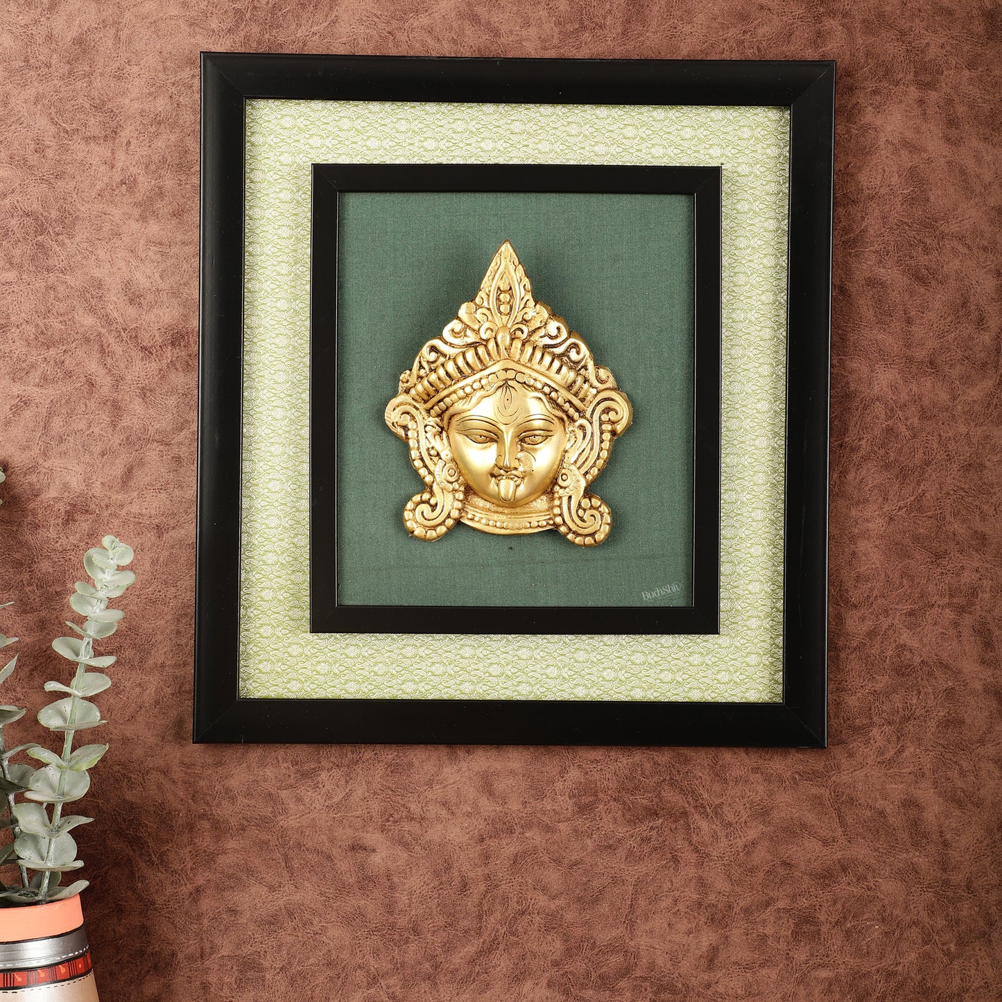 Brass Goddess Kali Face Hanging on Wooden Frame with Premium Fabric - 13.5" x 14.5"