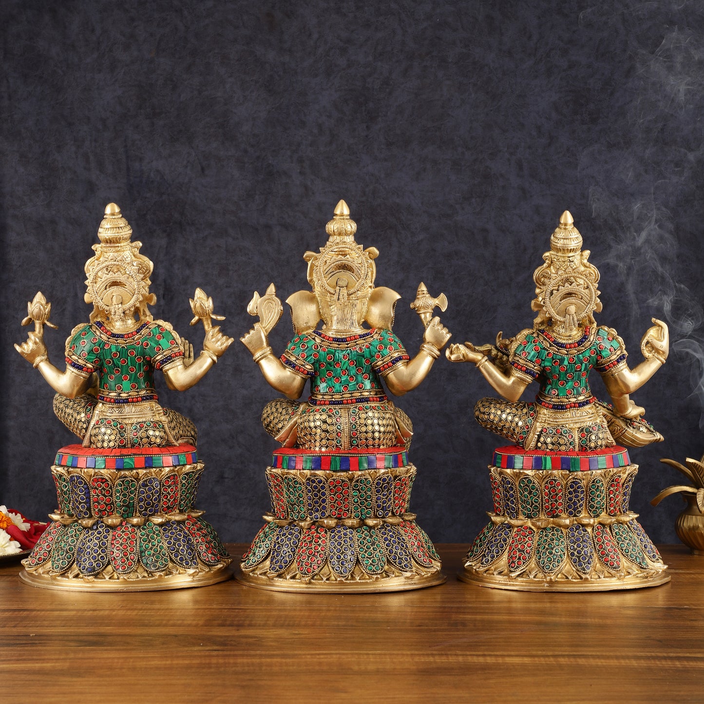 15-Inch Brass Ganesha, Lakshmi, and Saraswati Idols on Lotus Base | Divine Trio