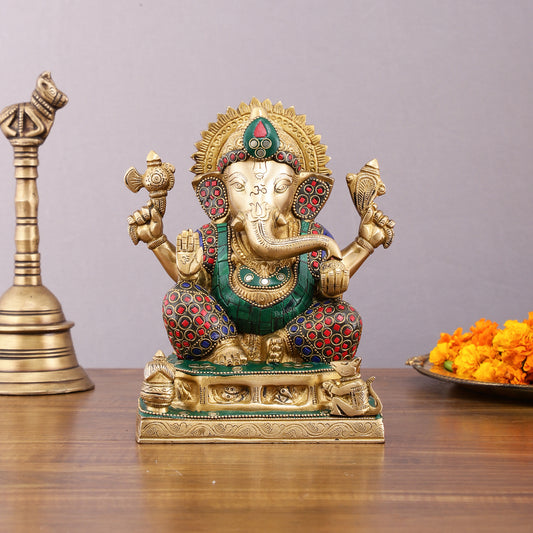 Pure Brass Ganesha Statue with Stonework - 8 Inch