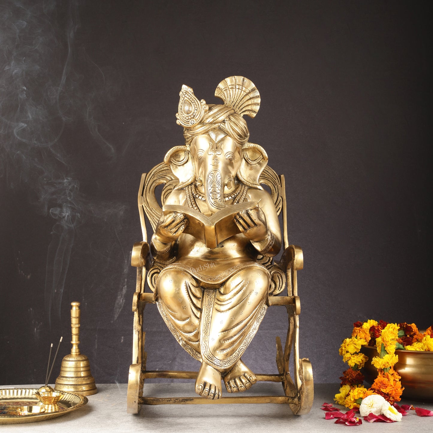 Pure Brass Large Sized Ganapati Seated on Chair Reading Book | 24"