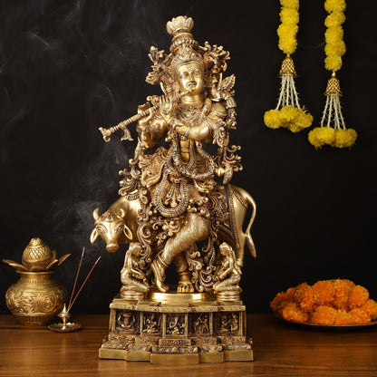 Pure Brass Lord Krishna with Cow Statue - 29" Height