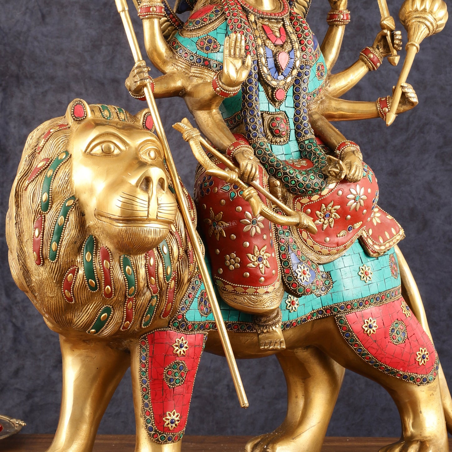 Pure Brass Goddess Durga Statue with Meenakari Work - 22 Inch