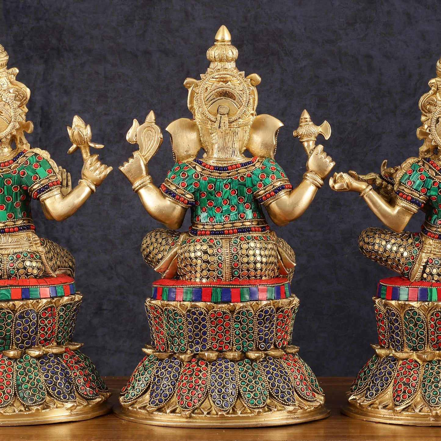 15-Inch Brass Ganesha, Lakshmi, and Saraswati Idols on Lotus Base | Divine Trio