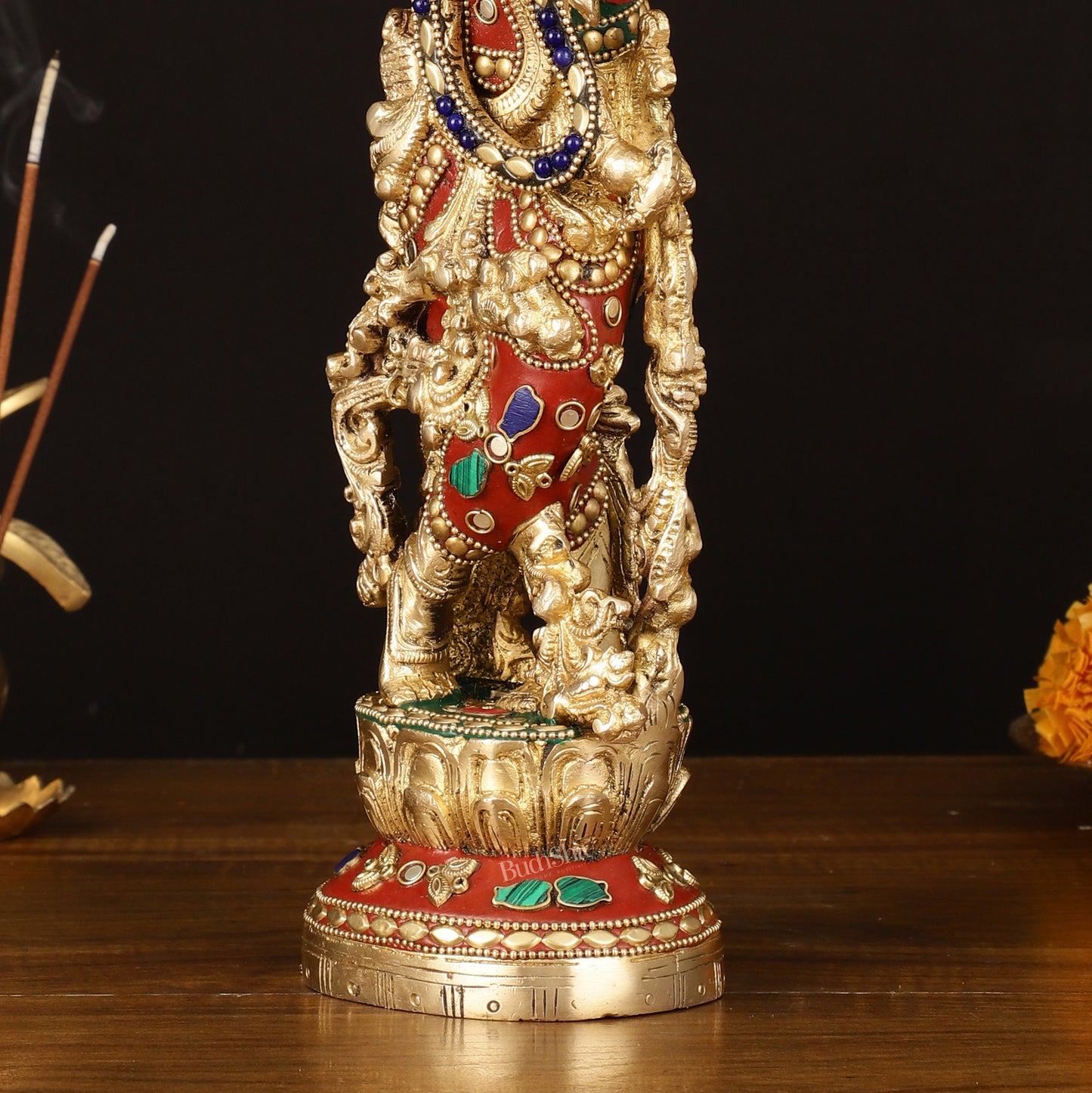 Brass Krishna Statue - 14" Handcrafted with Natural Stones