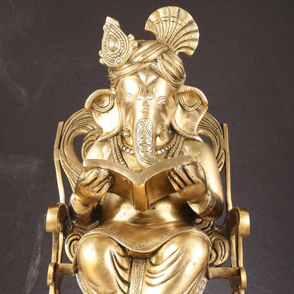 Pure Brass Large Sized Ganapati Seated on Chair Reading Book | 24"