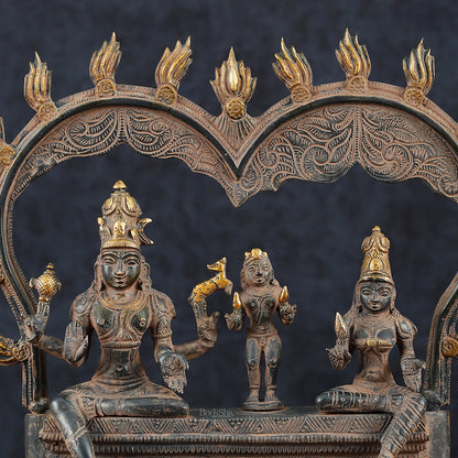 Brass Somaskanda Shiva, Parvati, and Kartikeya Idol – 11.5" Height, Vintage Sandstone Finish