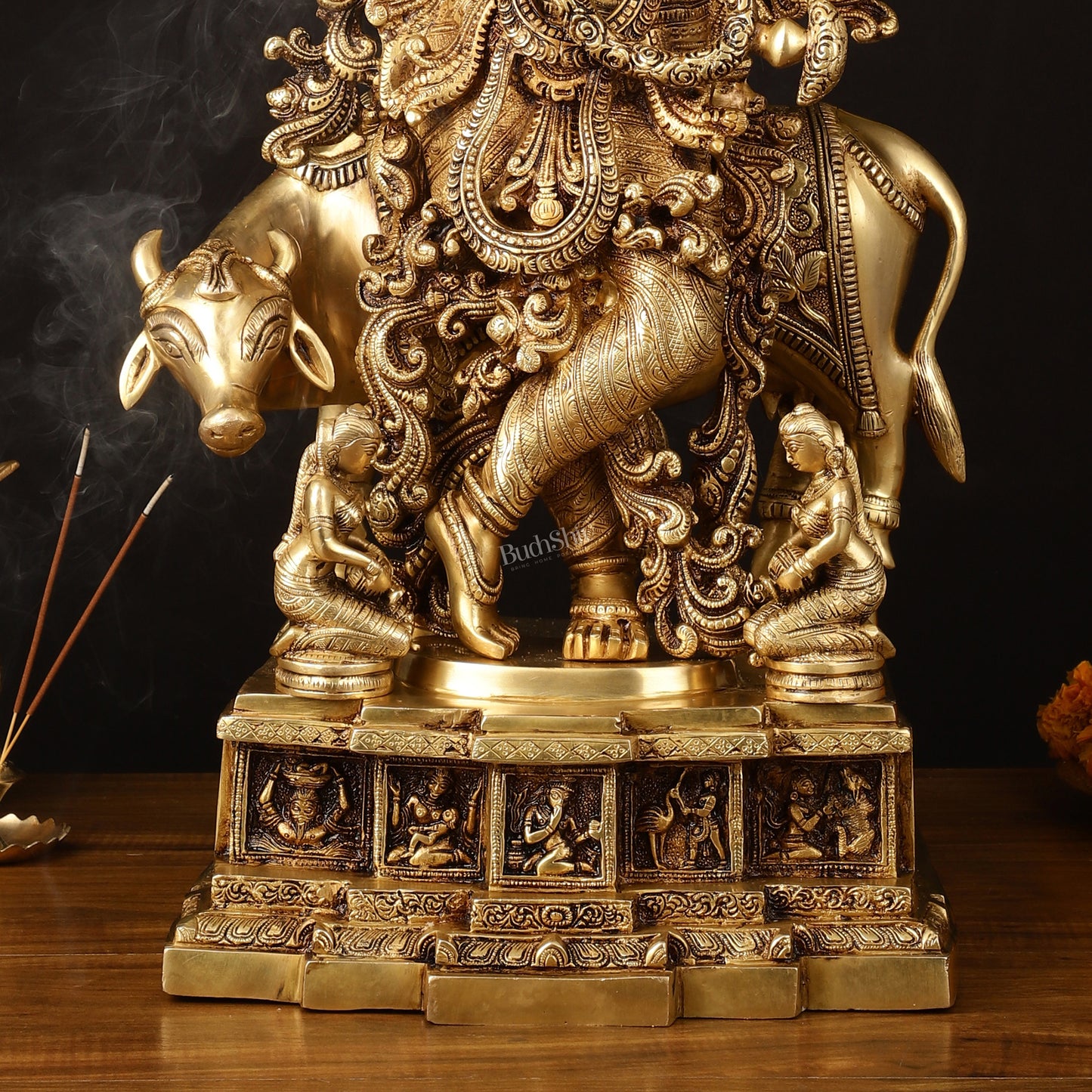 Pure Brass Lord Krishna with Cow Statue - 29" Height