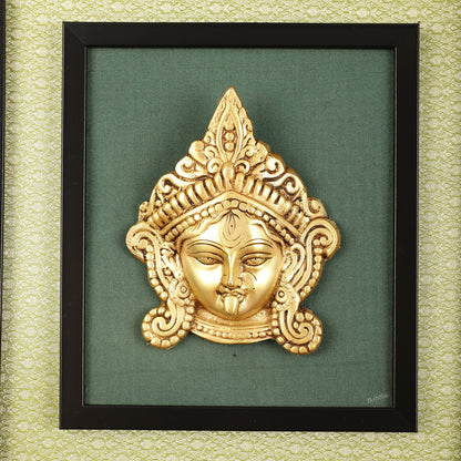 Brass Goddess Kali Face Hanging on Wooden Frame with Premium Fabric - 13.5" x 14.5"