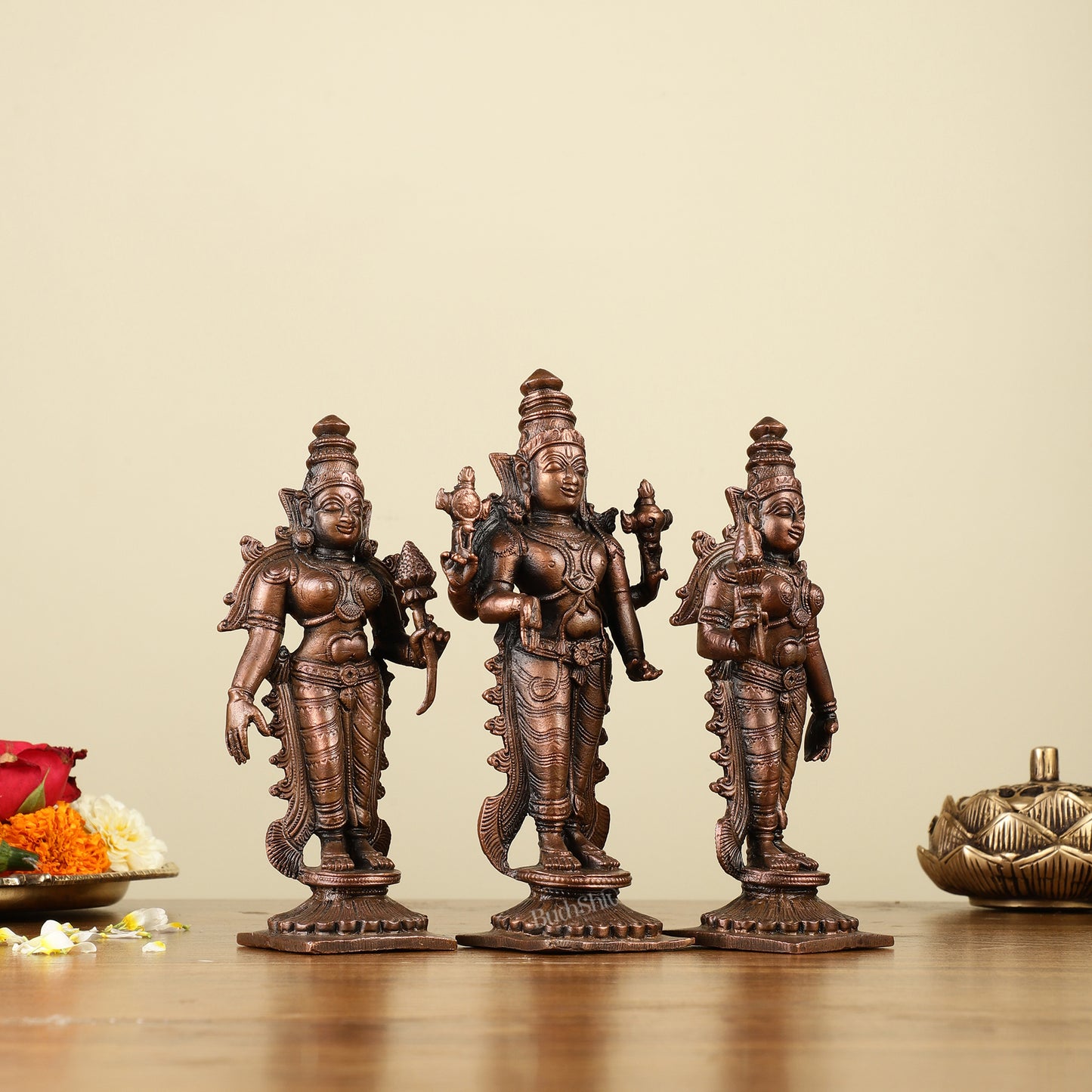 Pure Copper Tirupati Balaji with Bhudevi and Sridevi Idols 7"