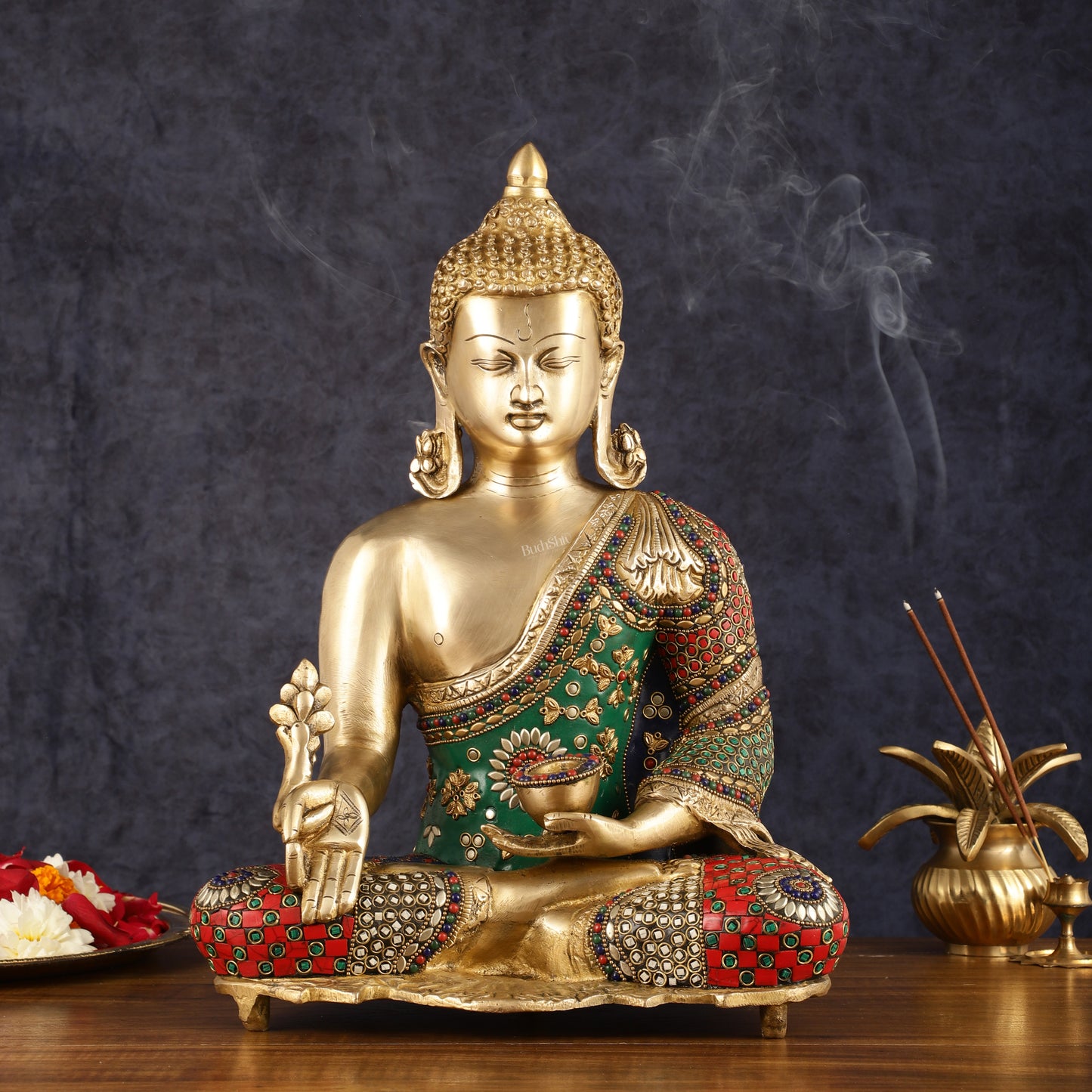 Pure Brass Buddha Statue with Meenakari Work 16 inch