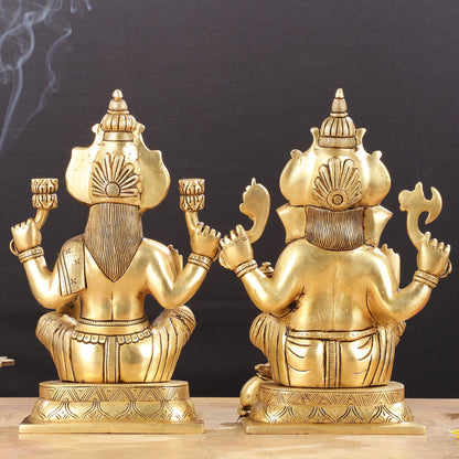 Brass Superfine Ganesha and Lakshmi Idol Pair - 11.5 Inch Statues
