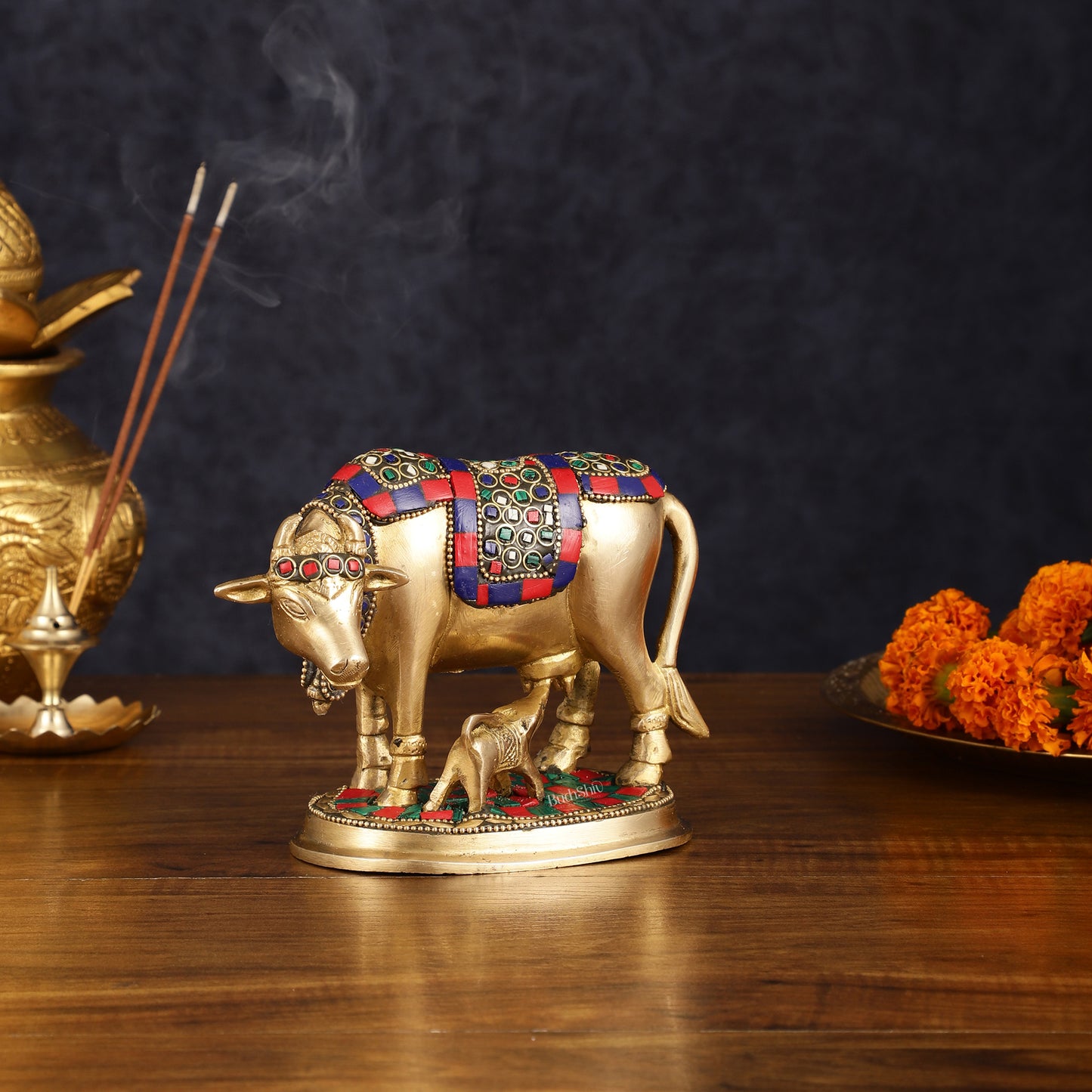 Pure Brass Kamdhenu Cow with Calf Idol - Meenakari Stonework, 4.5 Inch Height,