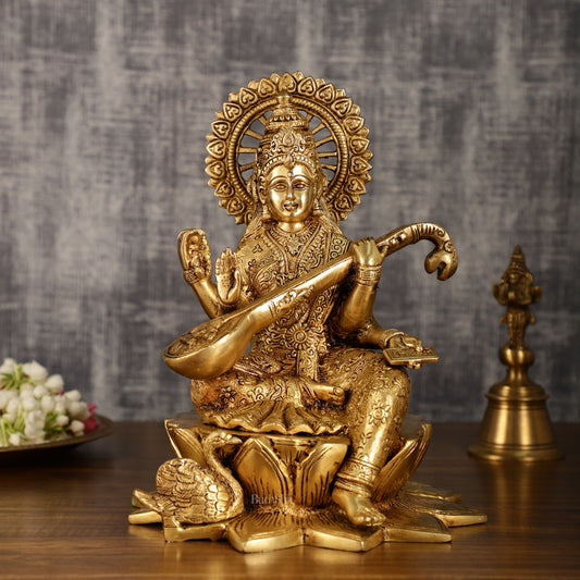 Brass Superfine Goddess Saraswati Sitting on Lotus with Swan | 11 Inch Height | 6.25 KG