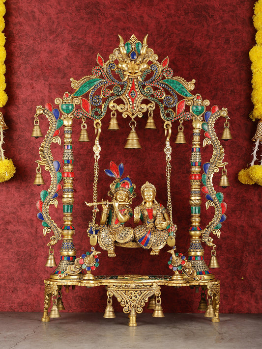 Pure Brass Large Radha Krishna Swing Jhoola with Meenakari Work - 30"