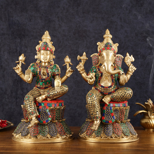 Pure Brass Handcrafted Ganesha and Lakshmi Idols - 15" | Symbol of Purity