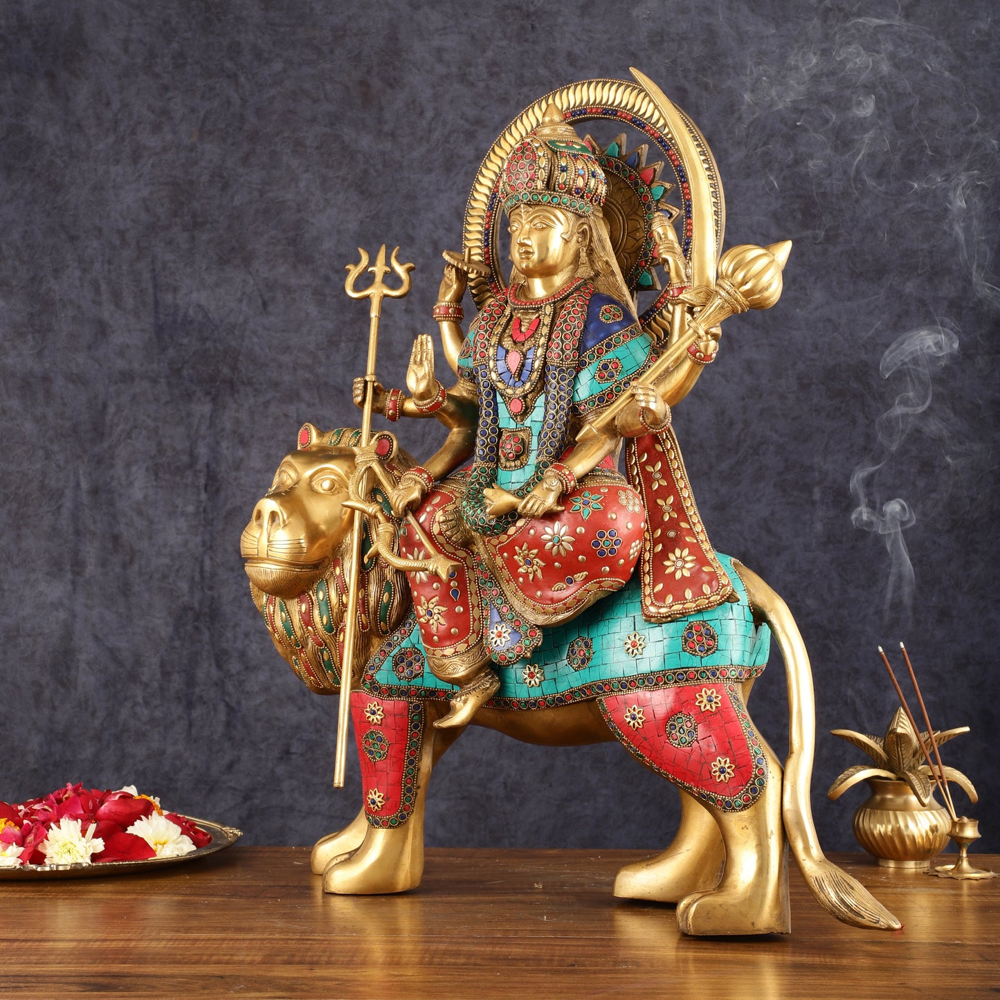 Pure Brass Goddess Durga Statue with Meenakari Work - 22 Inch