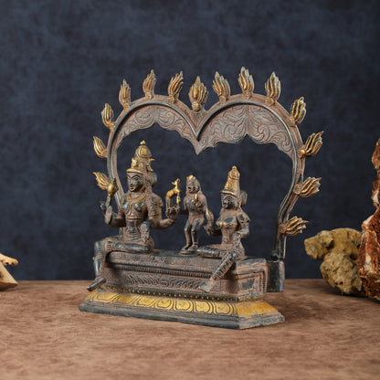 Brass Somaskanda Shiva, Parvati, and Kartikeya Idol – 11.5" Height, Vintage Sandstone Finish