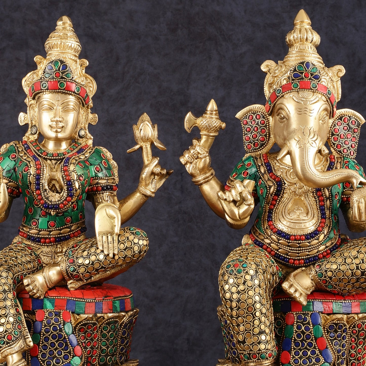 Pure Brass Handcrafted Ganesha and Lakshmi Idols - 15" | Symbol of Purity