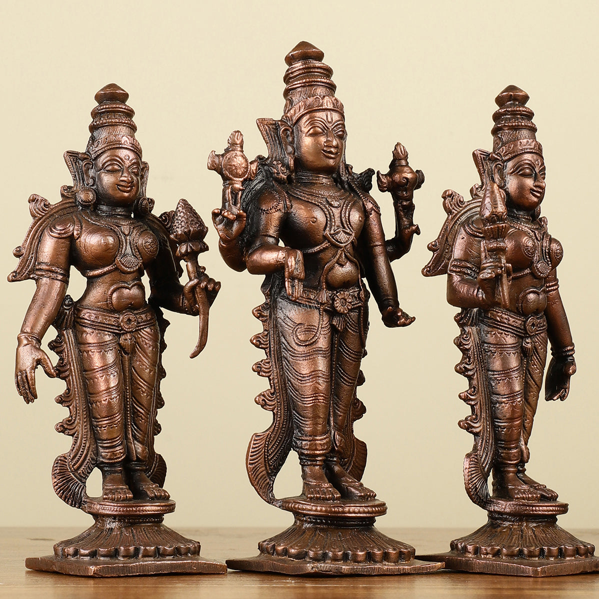 Pure Copper Tirupati Balaji with Bhudevi and Sridevi Idols 7"