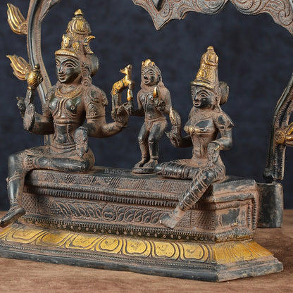 Brass Somaskanda Shiva, Parvati, and Kartikeya Idol – 11.5" Height, Vintage Sandstone Finish