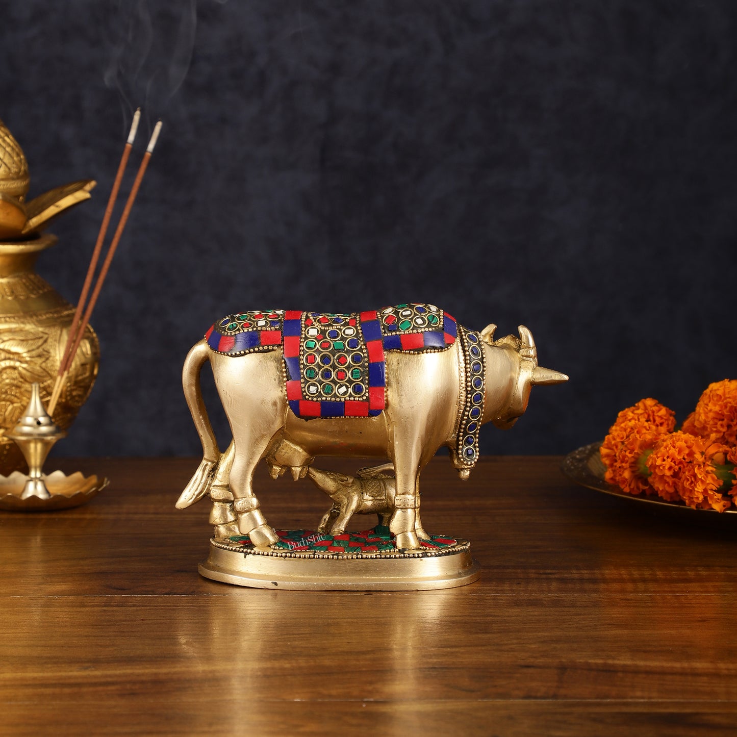 Pure Brass Kamdhenu Cow with Calf Idol - Meenakari Stonework, 4.5 Inch Height,