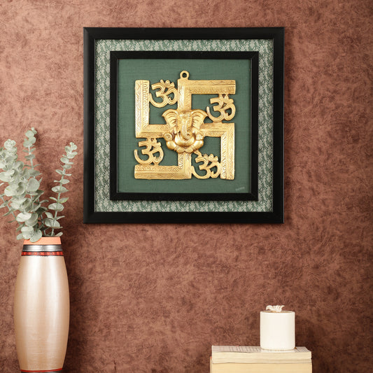 Pure Brass Swastik Ganesha Hanging on Wooden Frame with Premium Fabric - 16" x 16"