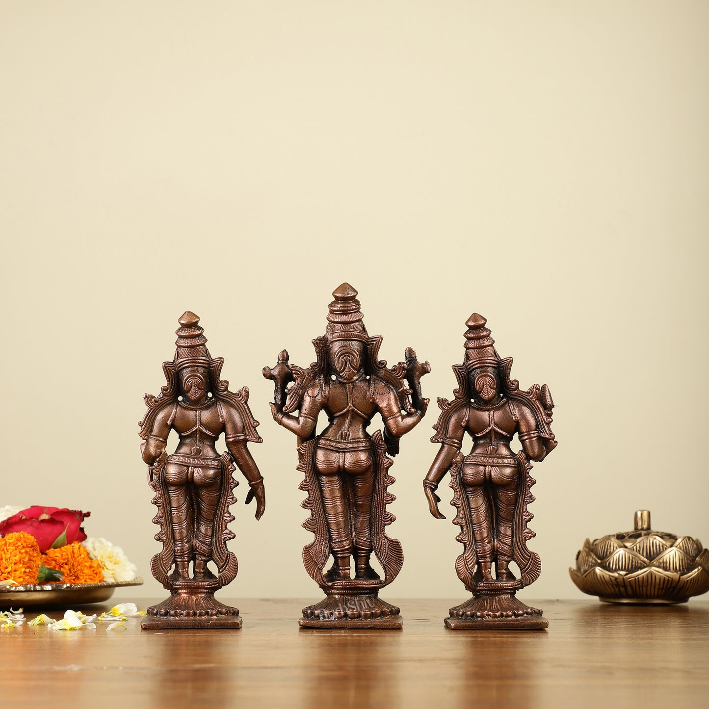 Pure Copper Tirupati Balaji with Bhudevi and Sridevi Idols 7"